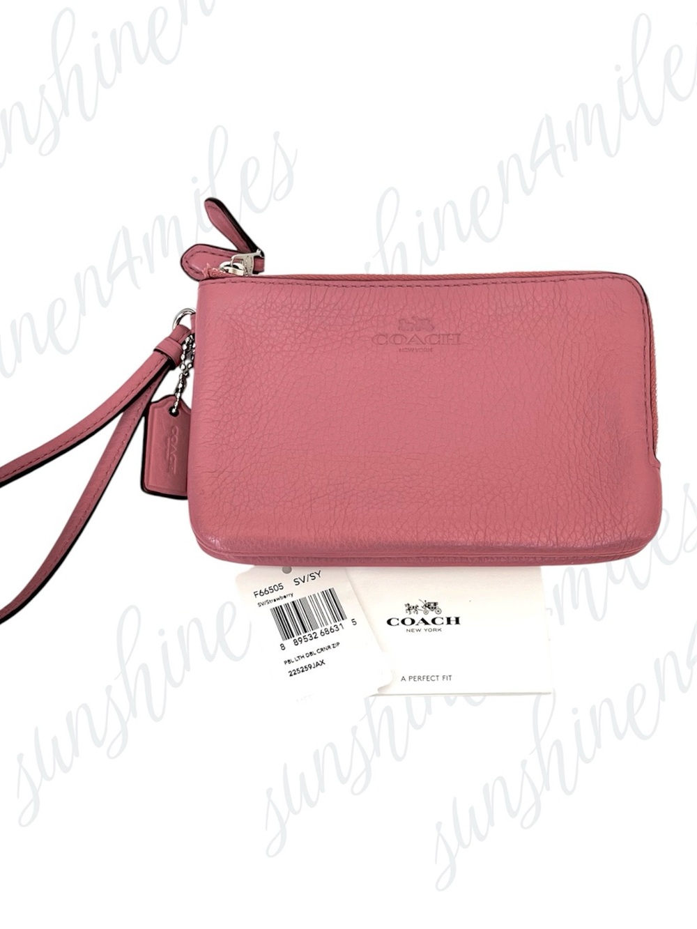 COACH Double Corner L-Zippered Strawberry Pink Pebbled Leather Wristlet #F66505
